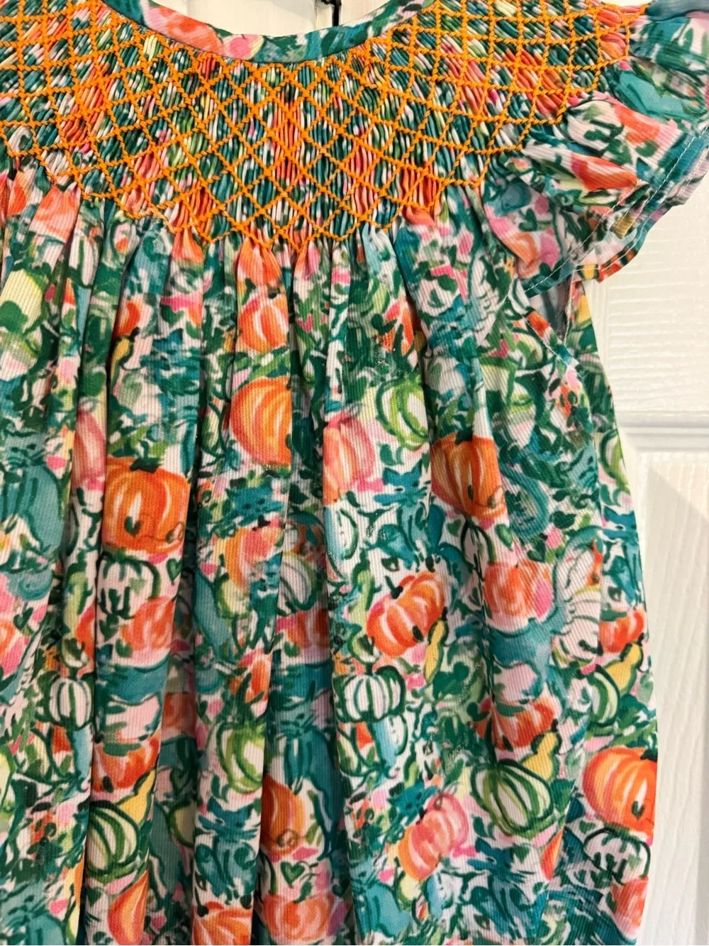 Fall Floral Green & Orange Pumpkin Smocked Baby One-Piece